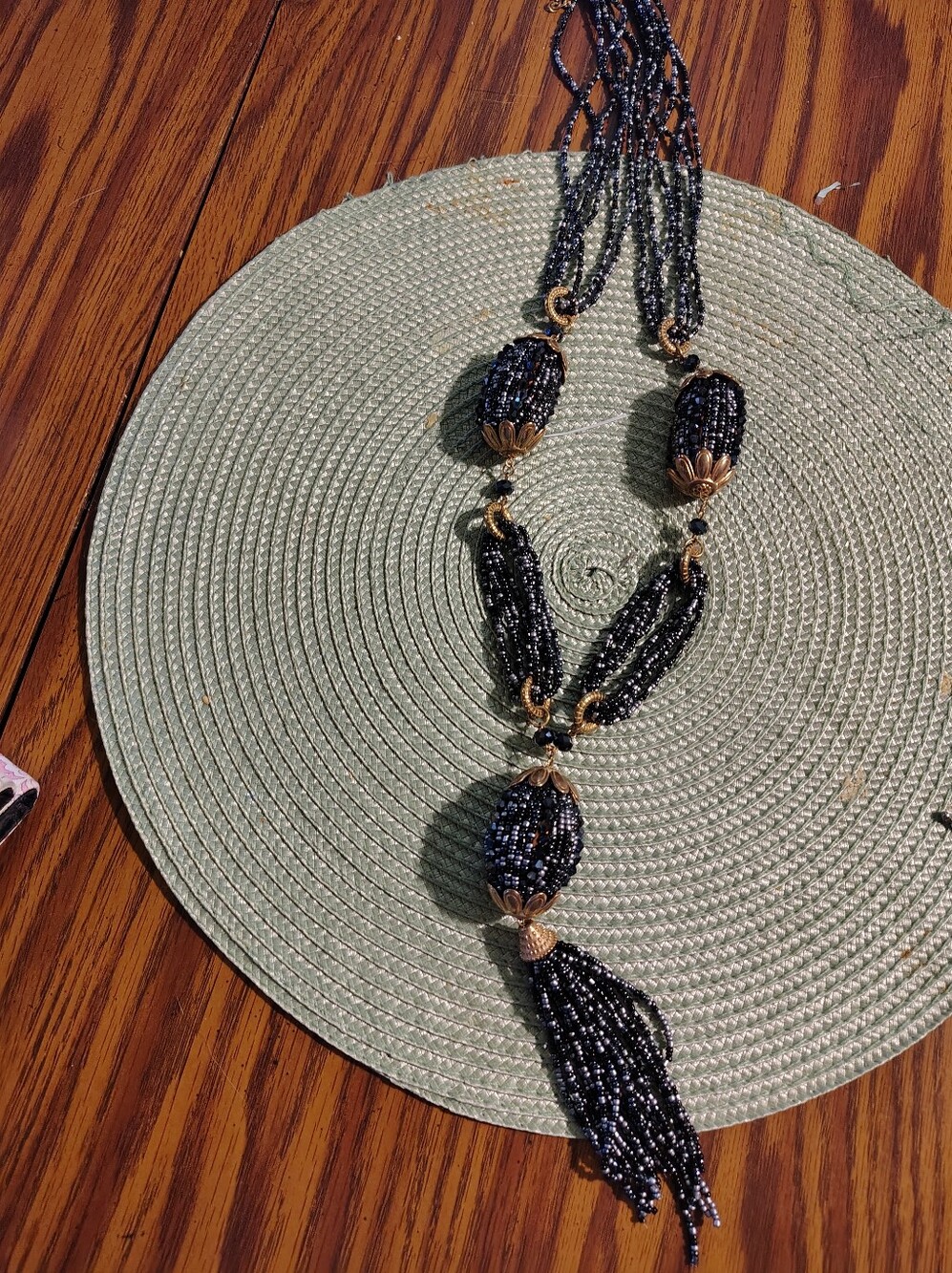 Black Beaded Tassel Statement Necklace